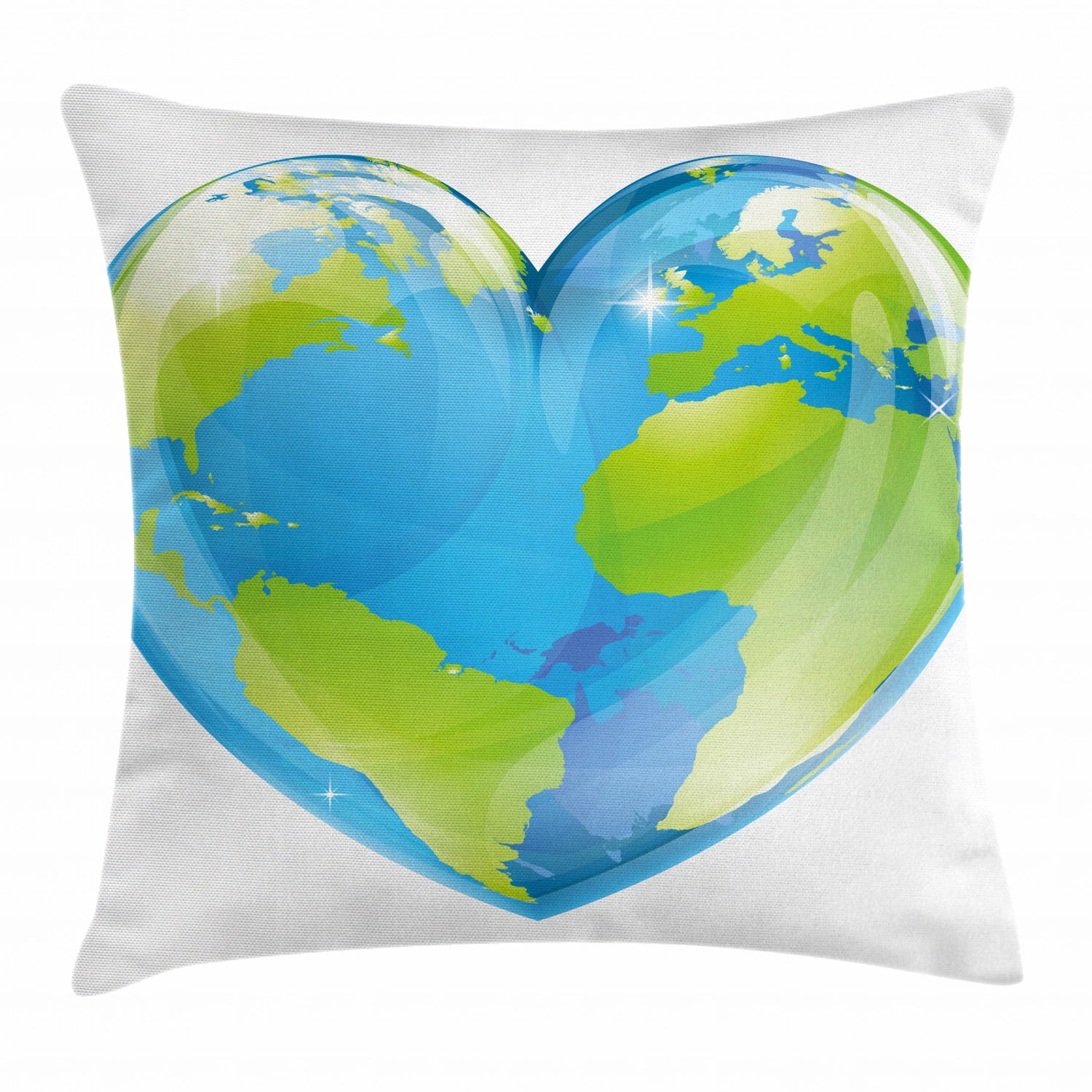 Earth Throw Pillow Cushion Cover, Vibrant Globe of Earth in Heart Shape Love The World Care for