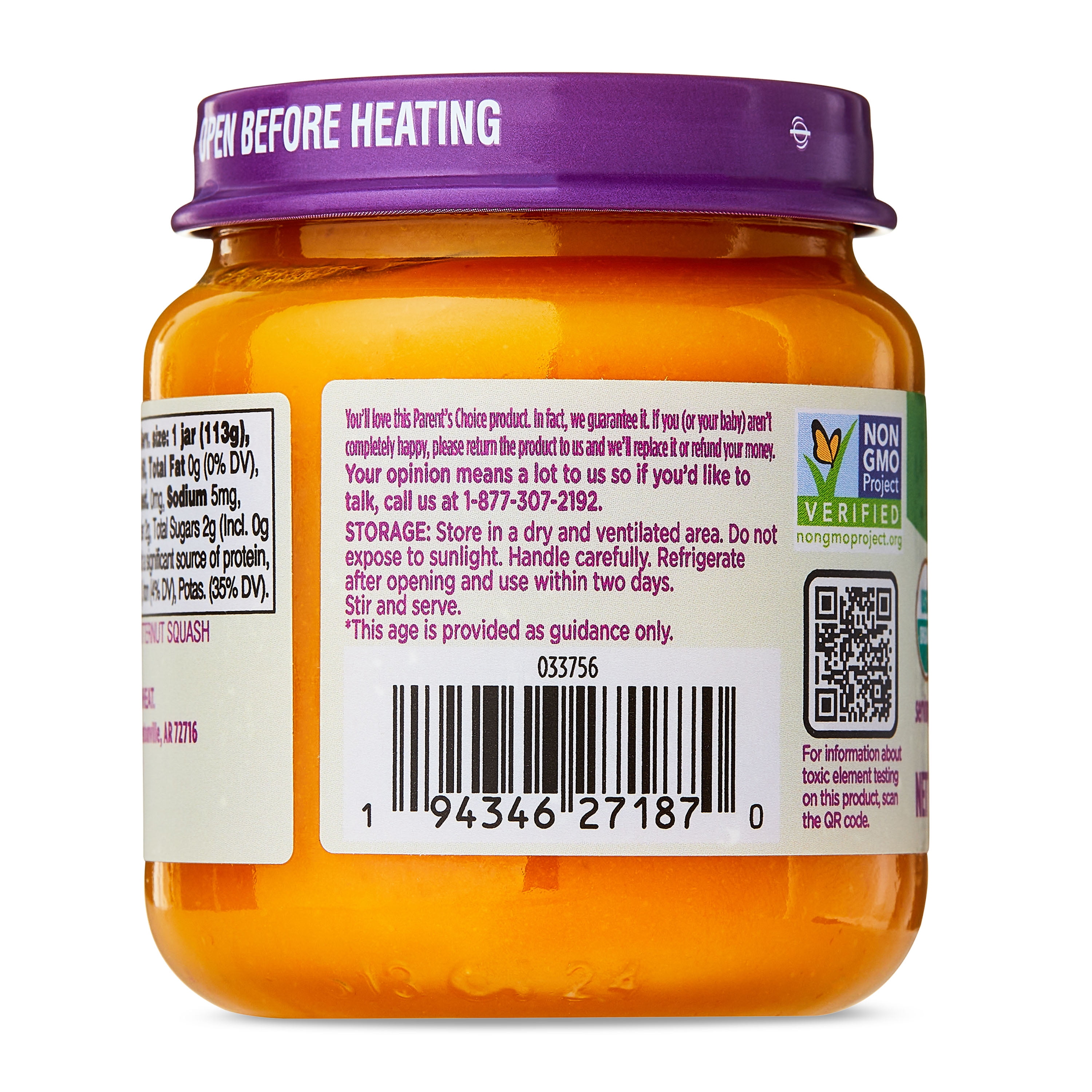 (3 pack) Parent's Choice Stage 1 Baby Food Butternut Squash Puree, 4 oz Jar