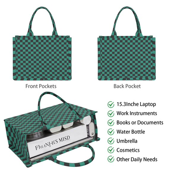 Large Capacity Tote Bag,Teal and Black Checkerboard Pattern Handbag Fashion Luxury Tote Bag,15.7"x13"x 5.1" Inches,Laptop Compatible