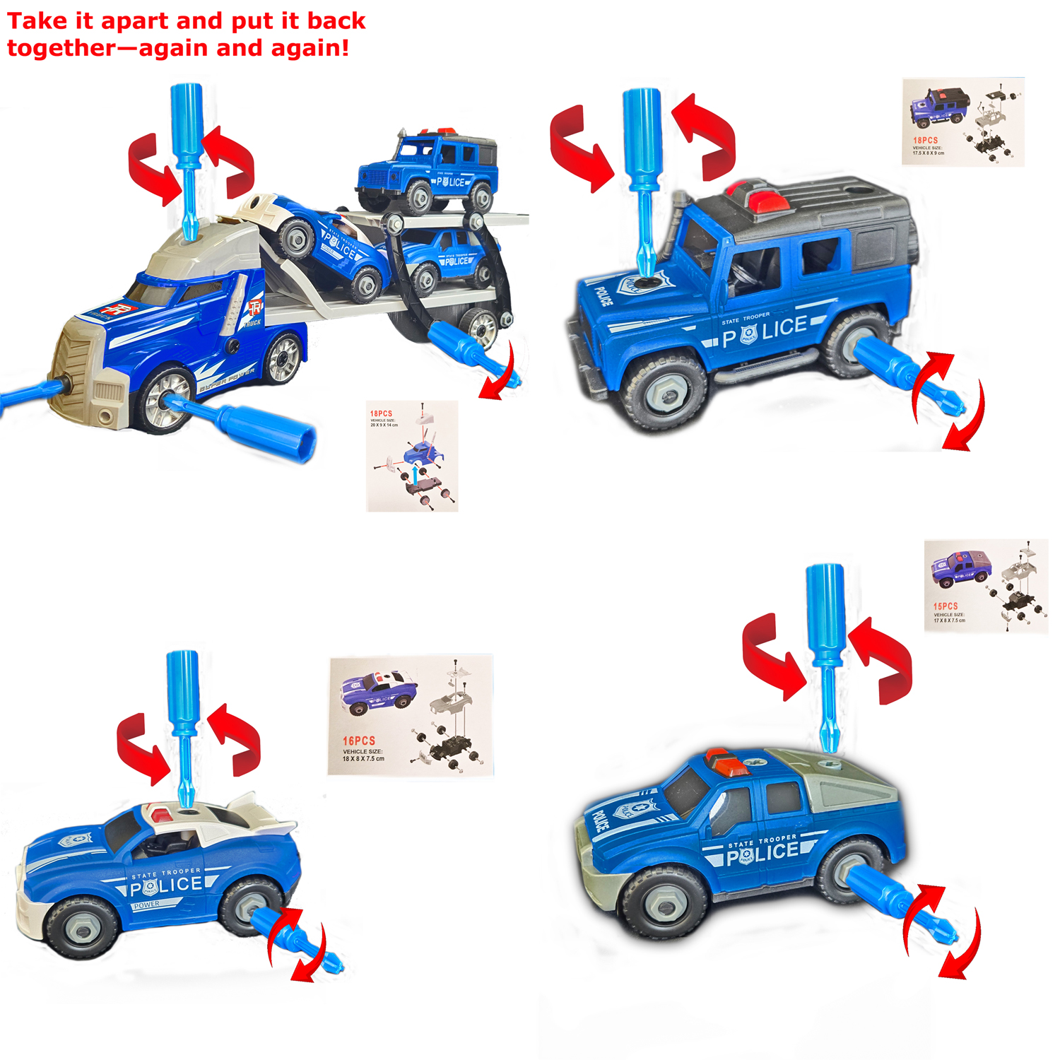3 in 1 Police Station + Fire Station Toy Kid PlaySet with Fire Truck++Police Car and 2 Helicopters and 15 sports cars