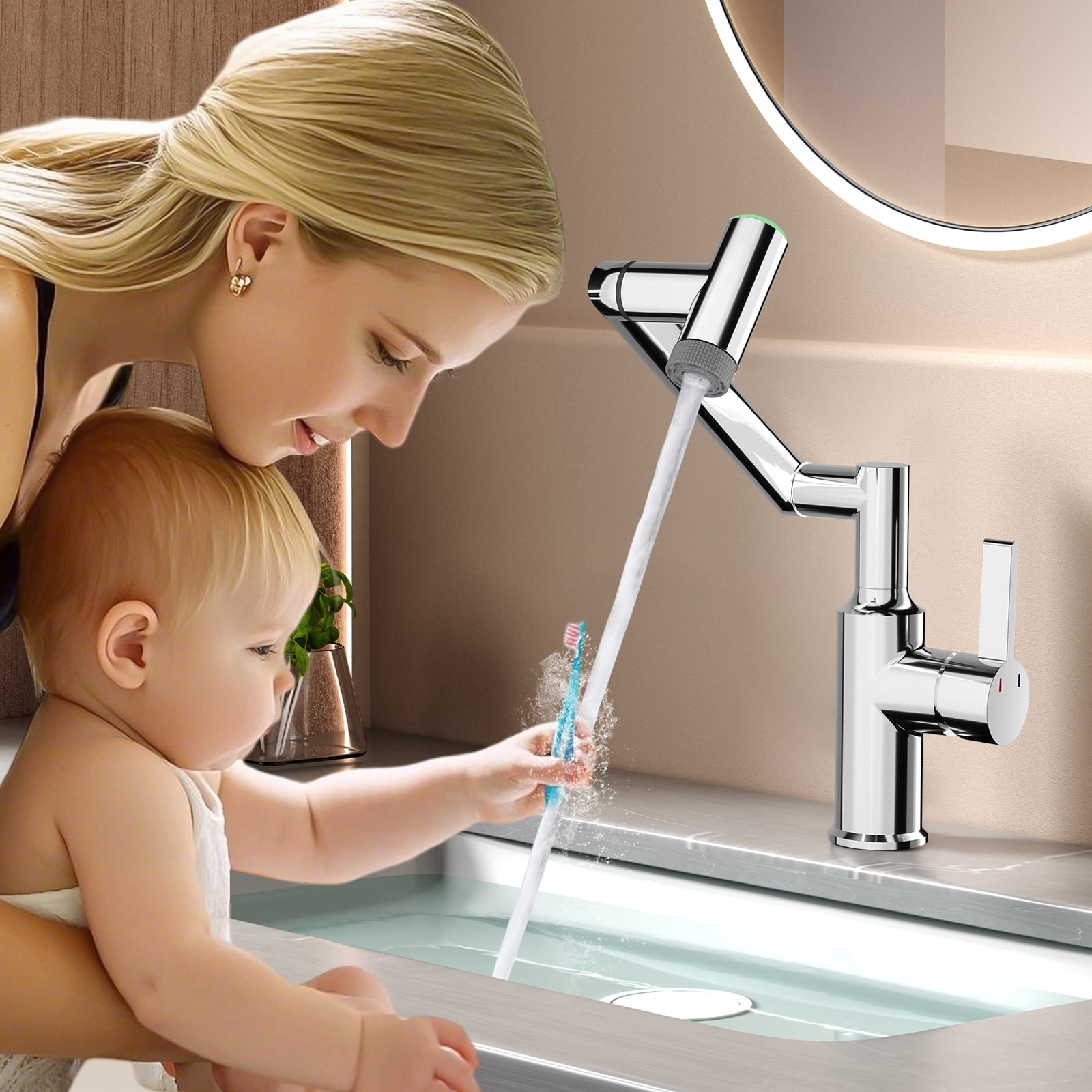 KAIYING Rotatable Bathroom Faucet with Digital Temperature Display, 1080 Degree Swivel Single Handle Sink Tap with 2 Spray Modes, Chrome