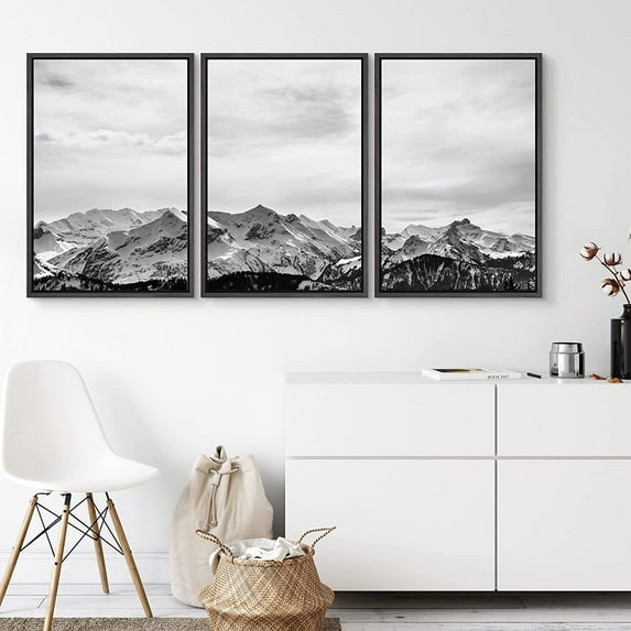 PixonSign Canvas Print Wall Art Set Mountain Ranges Under Bright White Sky Nature Wilderness Photography Realism Southwest Landscape Ultra Black and White for Living Room, Bedroom, Office - 16"x24"x3