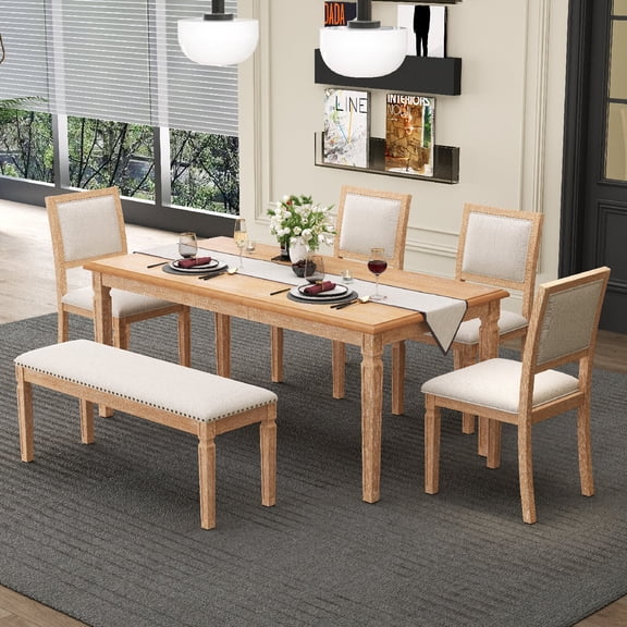 Vintage Extendable Dining Table Set with 4 Chairs and Bench for 6, 59 to 72-Inch Rustic Farmhouse Kitchen Table Set with Distressed Finish and Retro Carved Legs, Natural Wood Wash Color