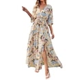 thumbnail image 1 of DPTALR Robes d'Été Décontractées à Manches Mi-Longues Imprimées Boho Col en V Fendues avec Ceinture pour Femmes, 1 of 7