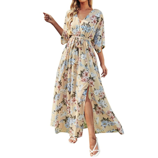 DPTALR Robes d'Été Décontractées à Manches Mi-Longues Imprimées Boho Col en V Fendues avec Ceinture pour Femmes