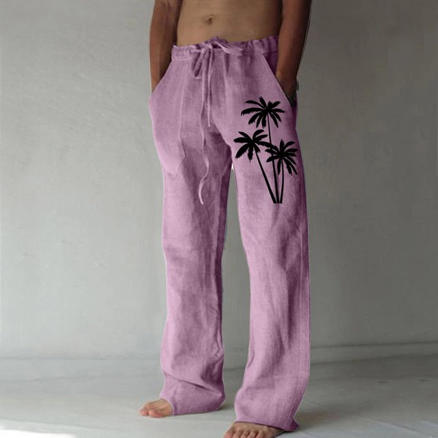 cllios Cotton Linen Pants for Men Palm Tree Tropical Print Beach Pants Regular Fit Elastic Waisted Drawstring Lounge Trousers with Pockets Lightweight Breathble Beachwear