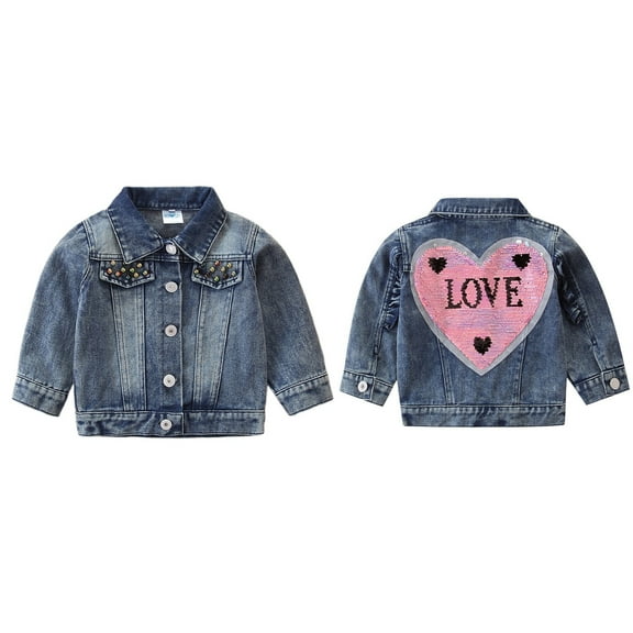 Lkhaha 2025 Girls Jacket Sequin Heart Letter Print Denim Jean Fashion Long Sleeve Button Jackets Size 2-3 Years