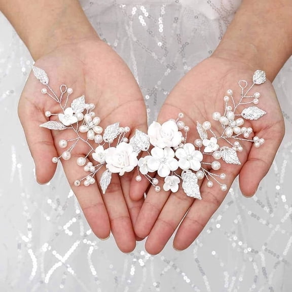 Bride Wedding Hair Pin with Pearls, Leaf Hair Accessories for Women and Girls, Silver