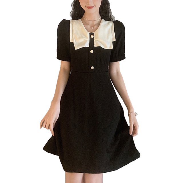 Mini vestido para niñas, manga corta, cintura alta, línea A, mini vestido de verano para mujer, para fiestas diarias, citas, negro M