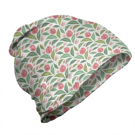 Floral Unisex Beanie, Striped Flowers and Leaves, Hiking Outdoors, Ruby and Reseda Green, by Ambesonne