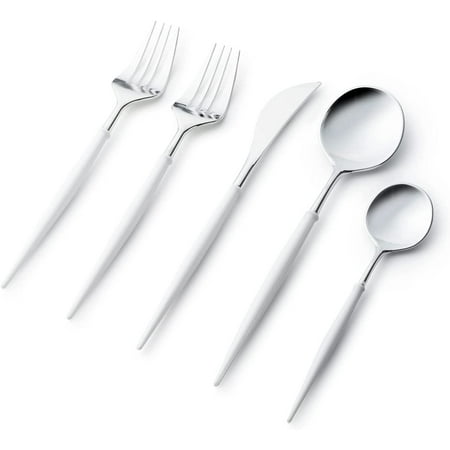 

Nicole Fantini s 40 Pcs Elegant Silver and White Two Tone Cutlery Premium 8 Servings Plastic For Thanksgiving Wedding Birthday Christmas & All Occasions & Parties:1PK