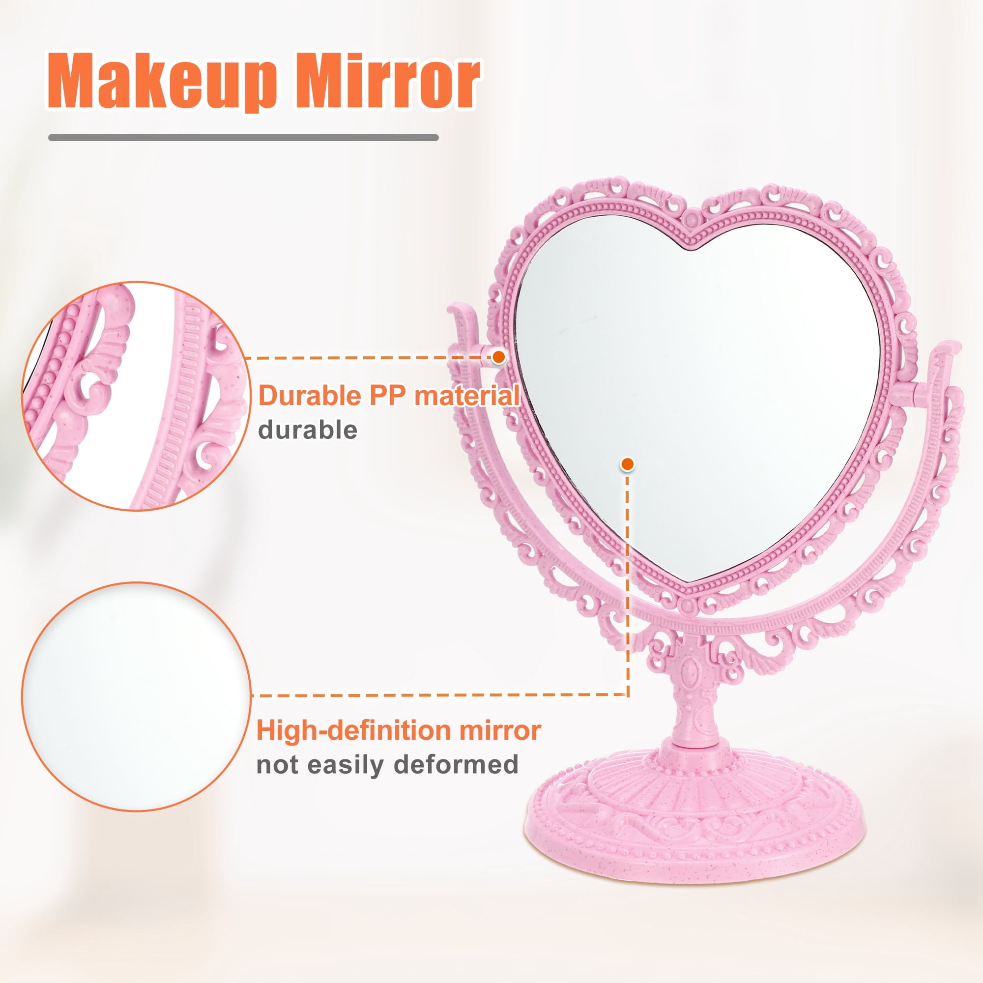 Unique Bargains Love Heart Shaped Double Sided 360° Rotating Makeup Mirror 1 Pc Pink