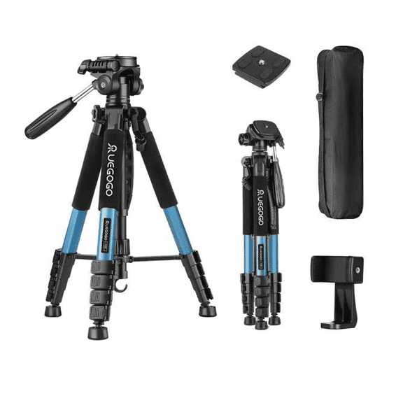 UEGOGO Camera Tripod 74" Aluminum Alloy Tripod Stand with Detachable Head & Phone Holder, Lightweight DSLR Tripod for Smartphone/Vlog/Streaming, Max Load 5.5kg - Blue, Christmas Gift