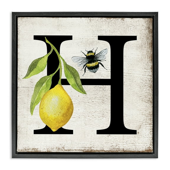 Stupell Industries Lemon & Bee H Letter Insects Painting Black Floater Framed Canvas Art Print Wall Art, 18 x 18
