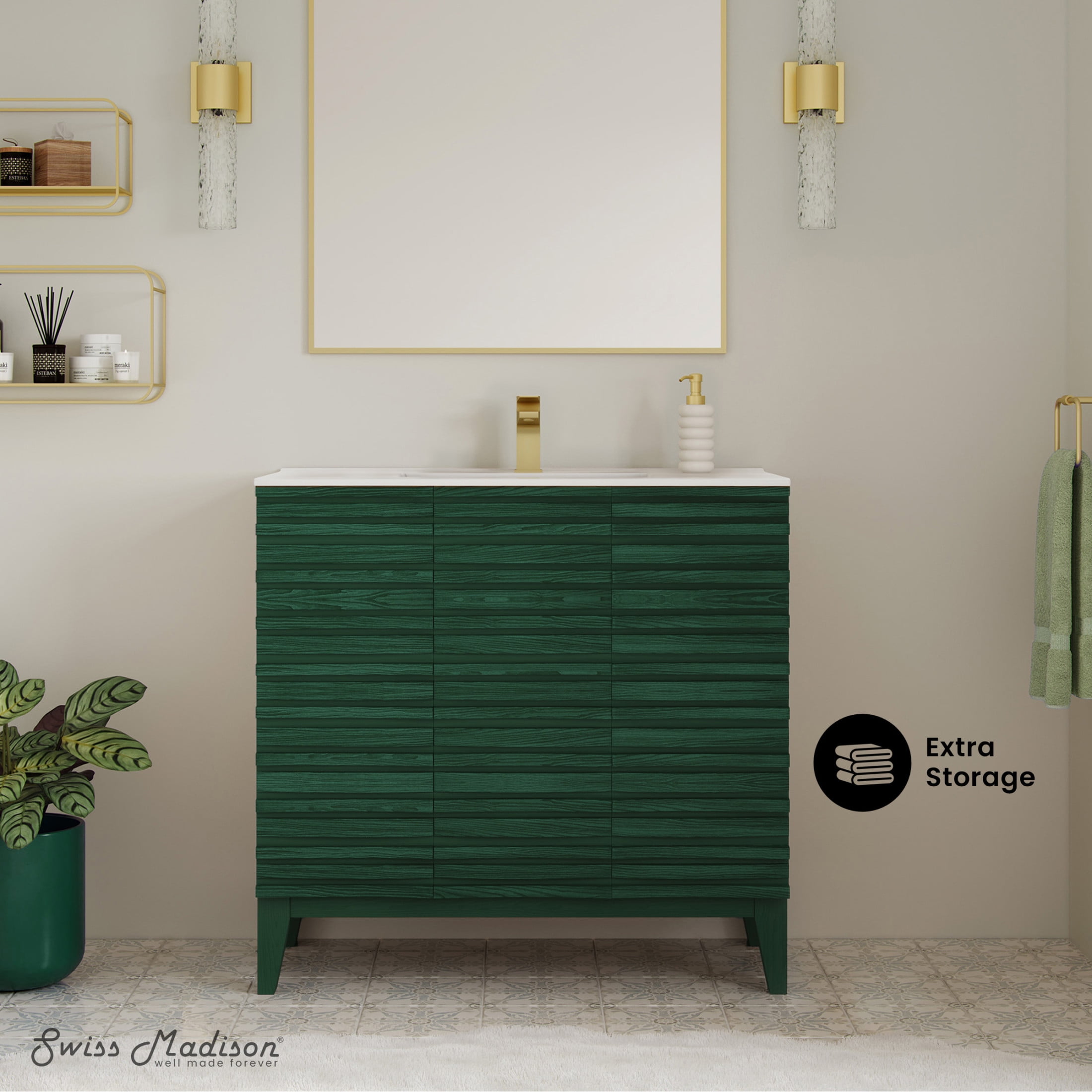 Cascade 36" Freestanding Bathroom Vanity in Green Oak with Sink Top