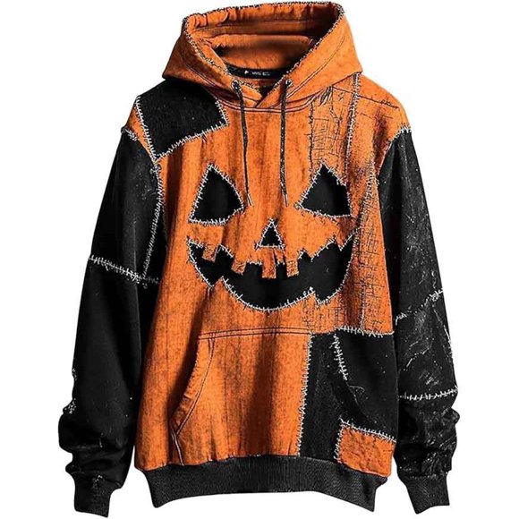 LUOGENLI Hoodies for Men Zip up Navy Blue Men's Halloween Fashion Printed Casual Large Sized Loose Long Sleeved Hooded Sweatshirt Zipper Hoodies for Men Orange Size S