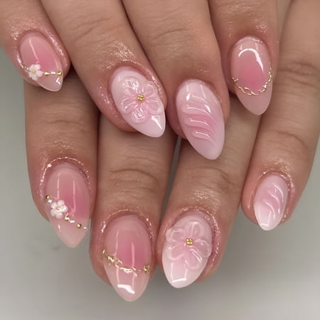 RAGUPEL Almond Press on Nails - Short Pink Nails Spring False Nails Press Ons with Flower & Gold Beads Design, Glossy Acrylic Full Cover Floral Stick on Nails for Women Manicure 24Pcs