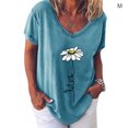 thumbnail image 2 of Qarigey Camiseta de mujer con cuello en V y estampado de flores, manga corta, tela suelta Prendas para la parte inferior del cuerpo azul M, 2 of 3