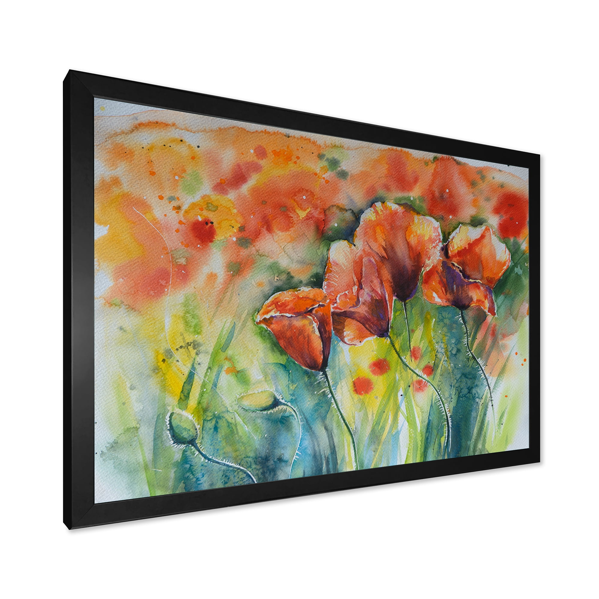 Designart 'Red Blossoming Poppies Over Wild Green IV' Traditional Framed Art Print