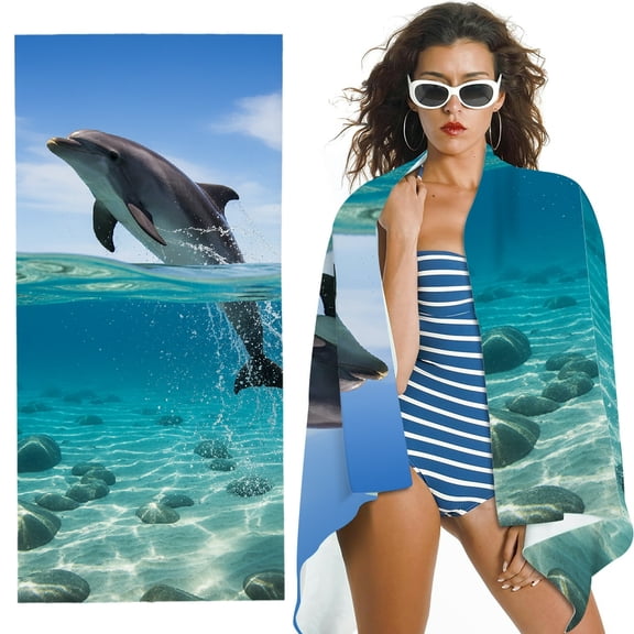 RKSupls Oversized Microfiber Beach Towel - Blue Dolphin Print, for Bathroom, beach, Soft Super Absorbent- 30x60 in