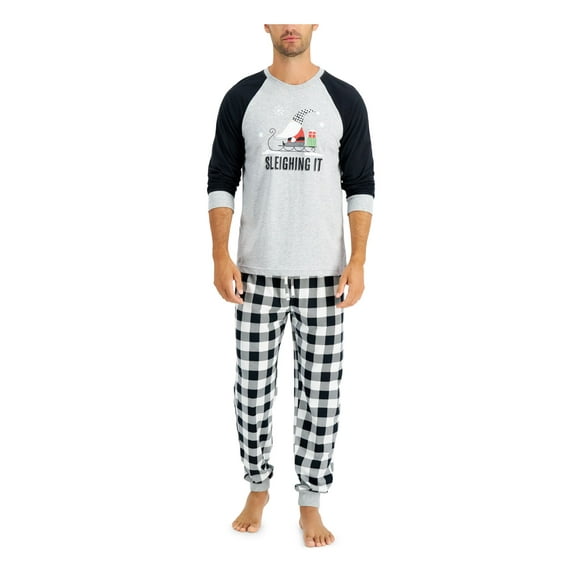 FAMILY PJs Sets Black Drawstring Graphic Raglan Sleeve Crew Neck T-Shirt Cuffed Holiday  Size S