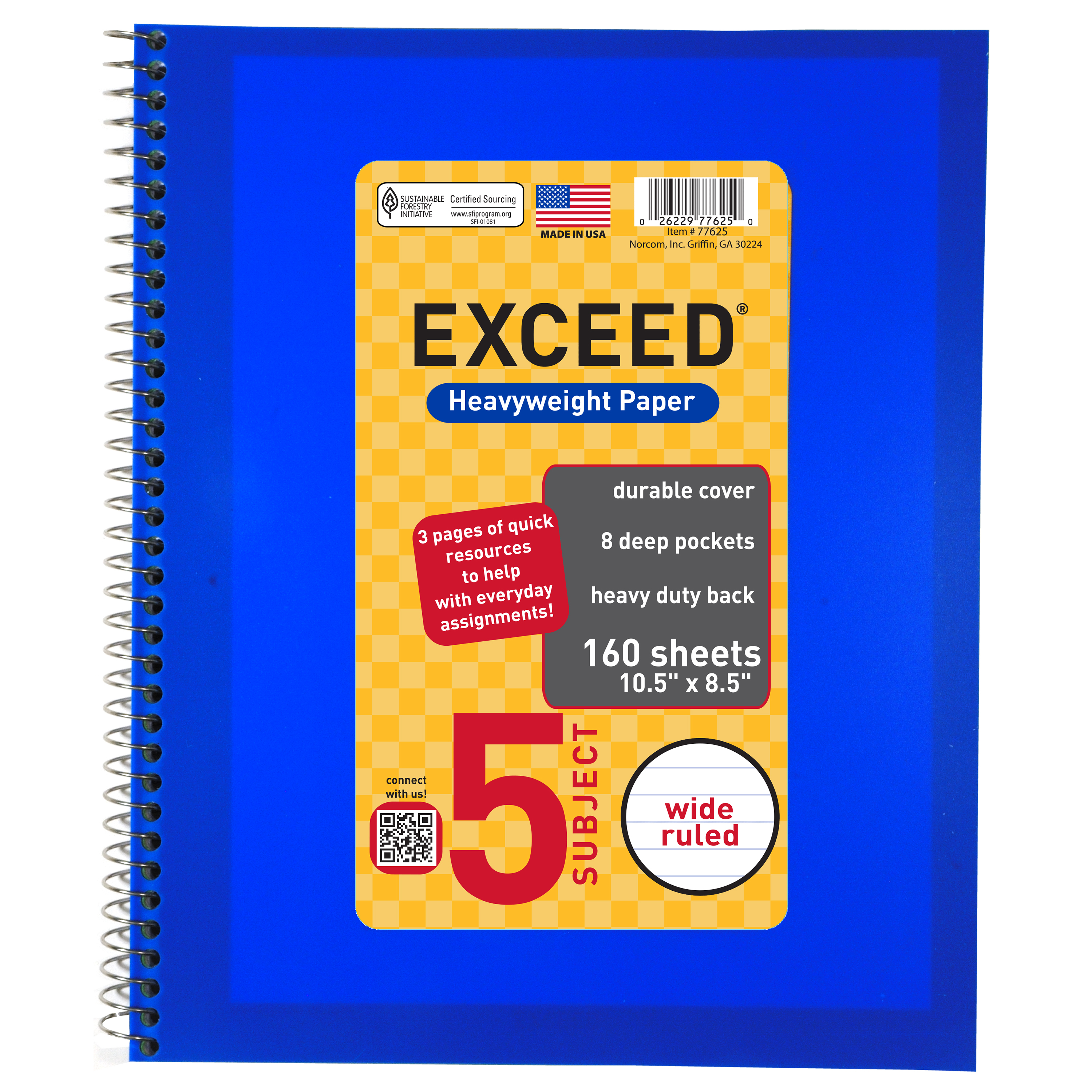 Exceed Spiral Notebook, Wide Ruled, 5 Subject, 160 Pages, 8.5" x 10.5", Color Choice Will Vary, 77625