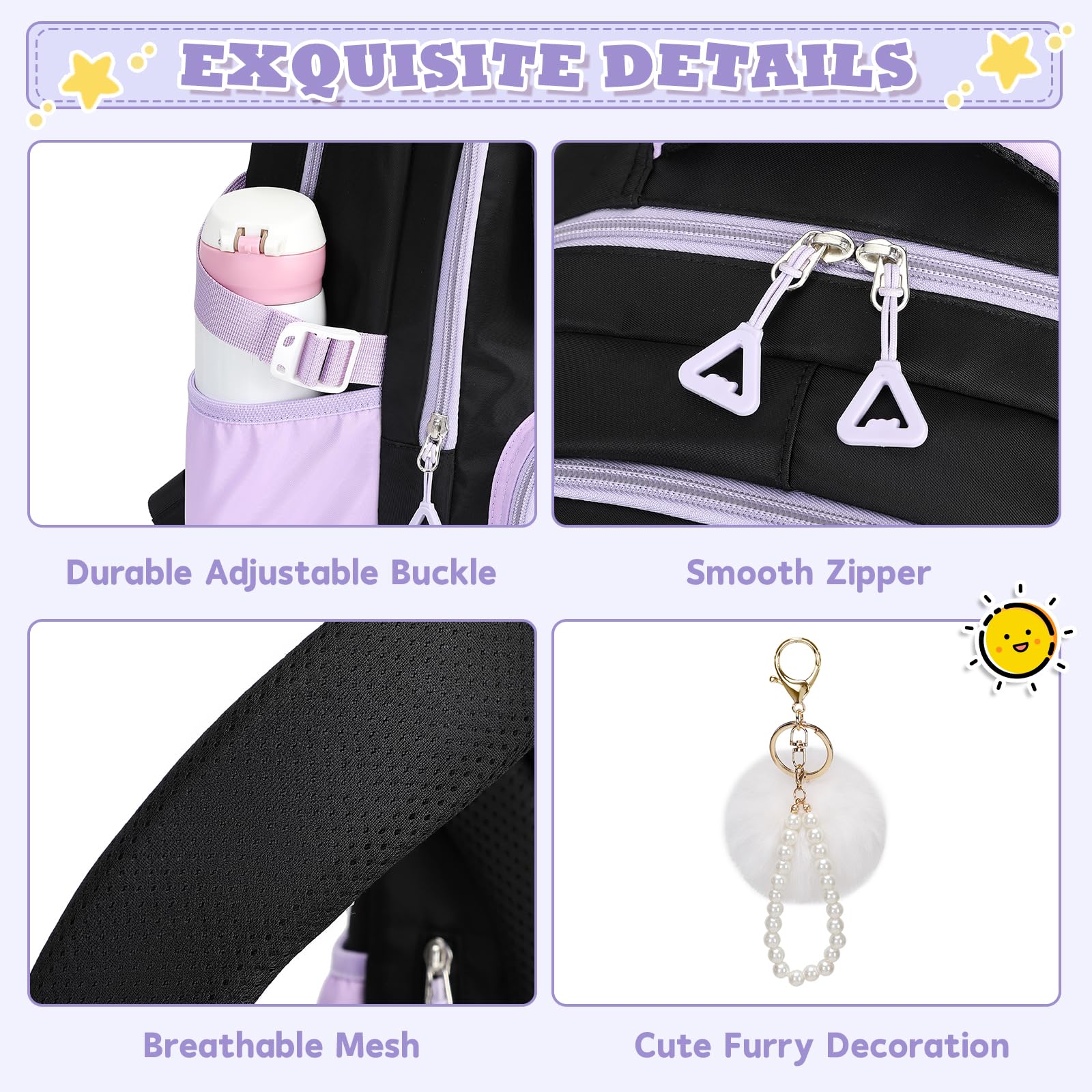 Set de 3 mochilas para niñas con lonchera y cartuchera, mochilas para primaria y secundaria, linda kawaii de gran capacidad con tira reflectante, negro y morado 6