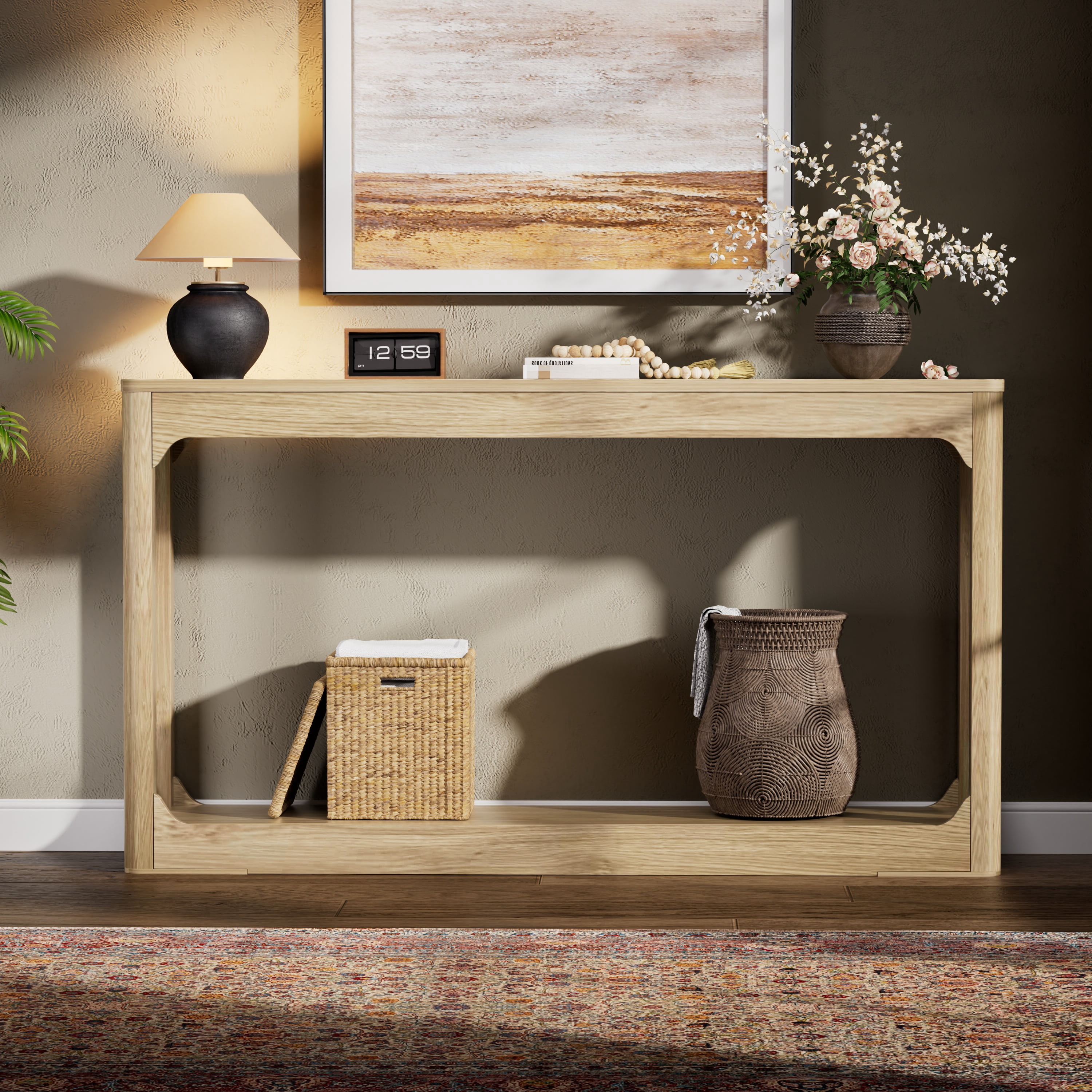 55.1" Curved-Leg Wooden Console Table, Slim Minimalist Storage Side Table, Natural Wood Sofa Table for Entryway, Hallway, Living Room