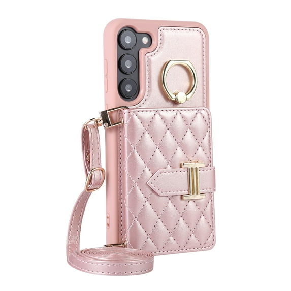 ELEHOLD Wallet Crossbody for Samsung Galaxy S23 Plus Case with Lanyard Wrist Strap Credit Card Holder, PU Leather Protective Phone Case with Ring Holder,Rosegold