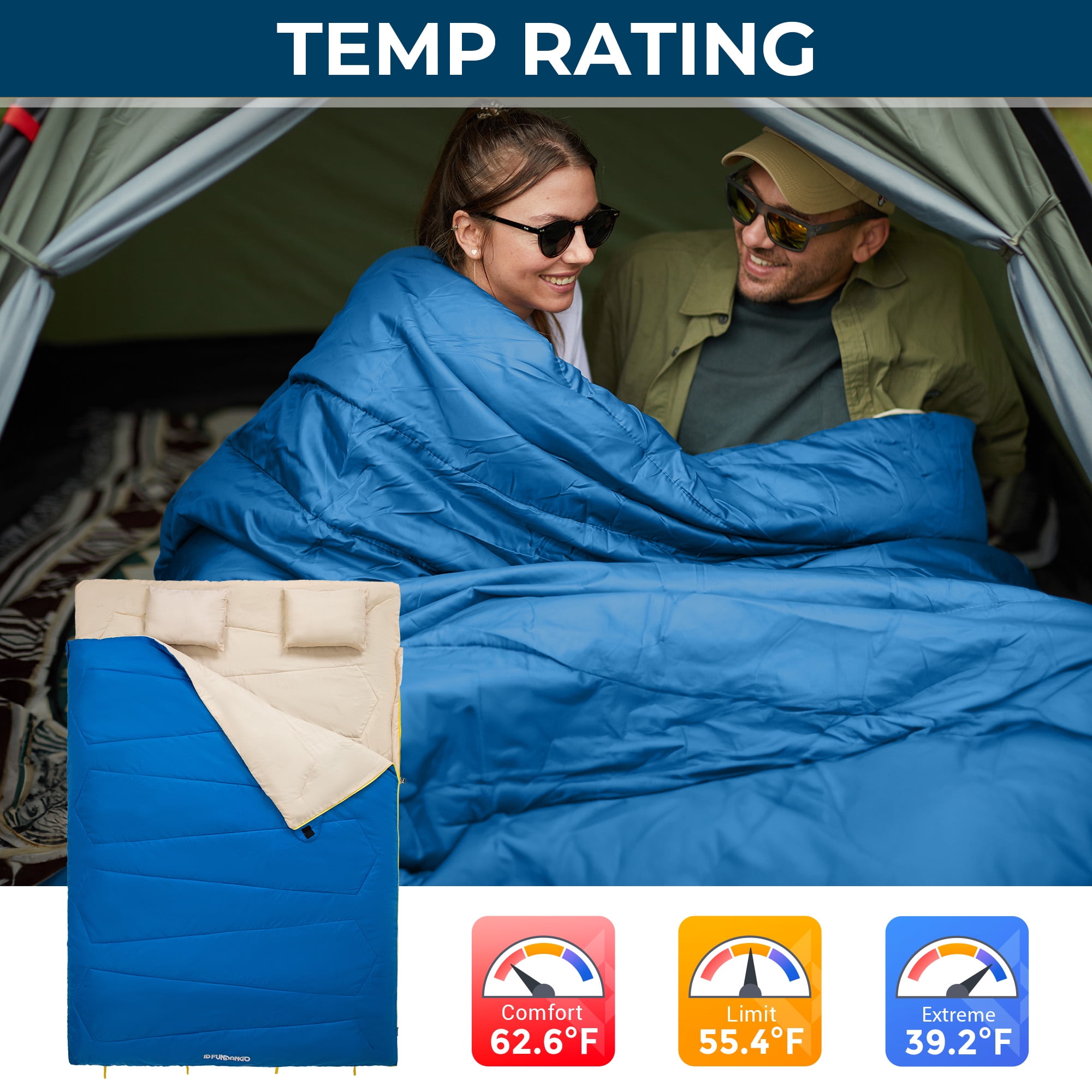FUNDANGO Two Person Sleeping Bags with Pillows 220cm*150cm Double Camping Sleeping Bags with Compression Sack Queen Size 39.2°F-62.6°F Keep Warm Sleeping Bag, 6.1lbs, Blue