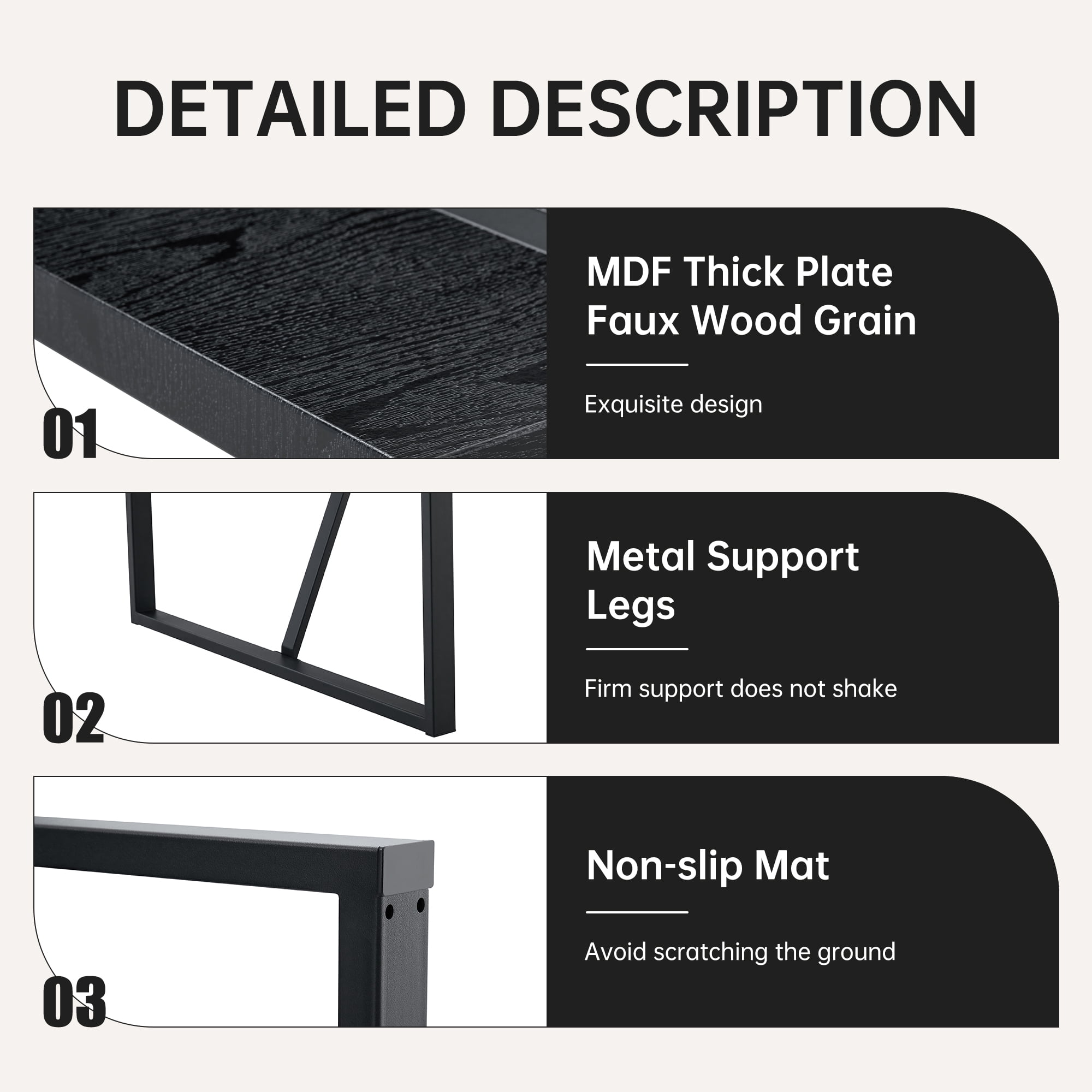 Mintazer 55 Inch Modern Black Wood Grain Rectangular Dining Table with Sturdy Metal Frame, Minimalist Kitchen Table for 4-6 People, Black
