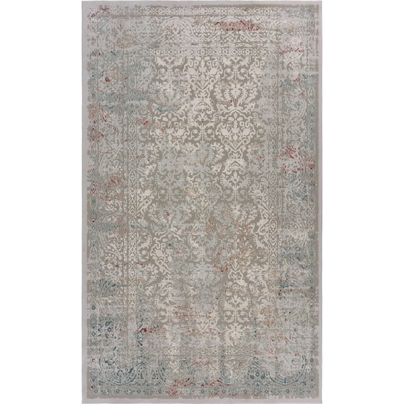 2' X 3' Gray Ivory Slate Blue And Wine Red Abstract Distressed Stain Resistant Area Rug