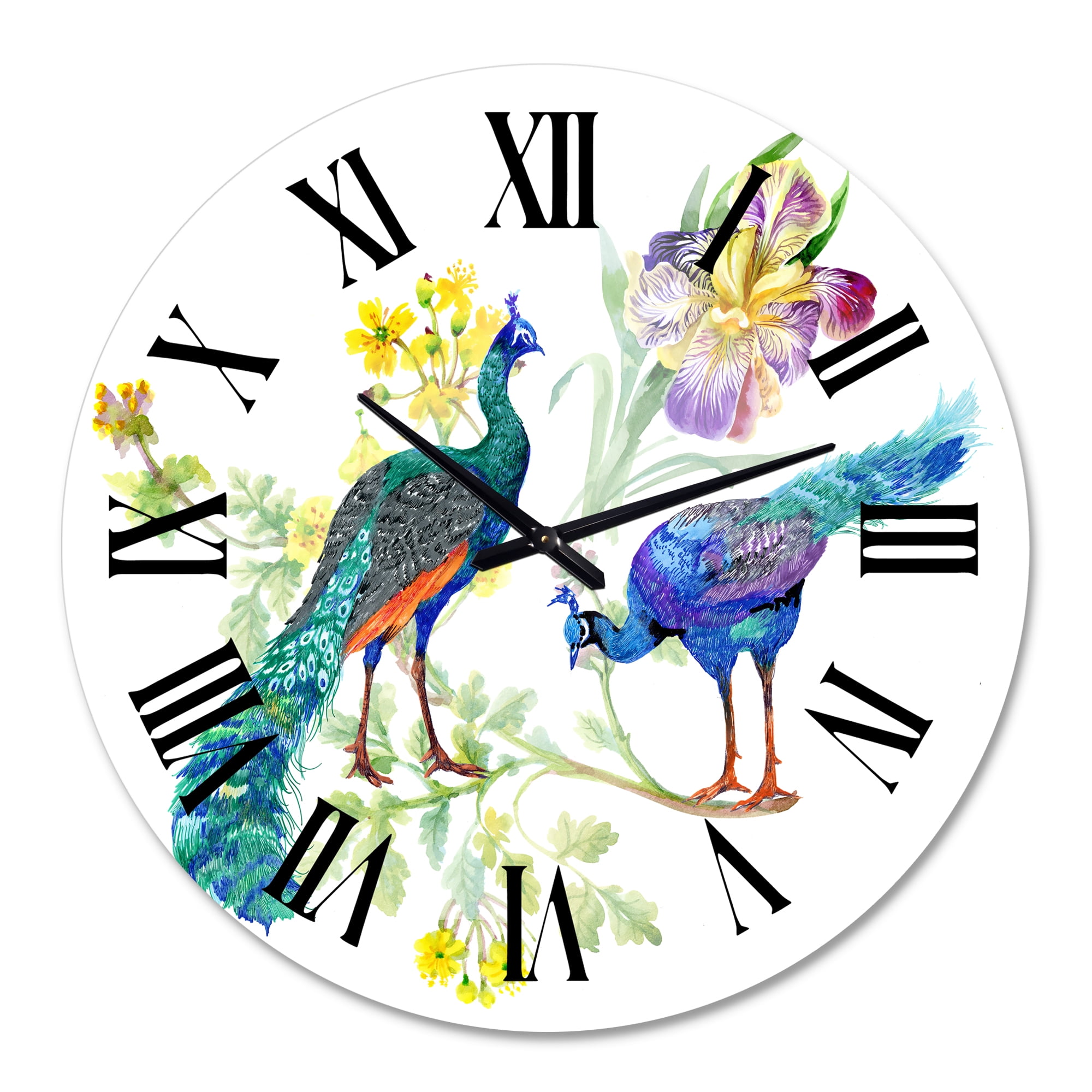 Designart 'Peacocks And Iris Flowers' Traditional Wall Clock