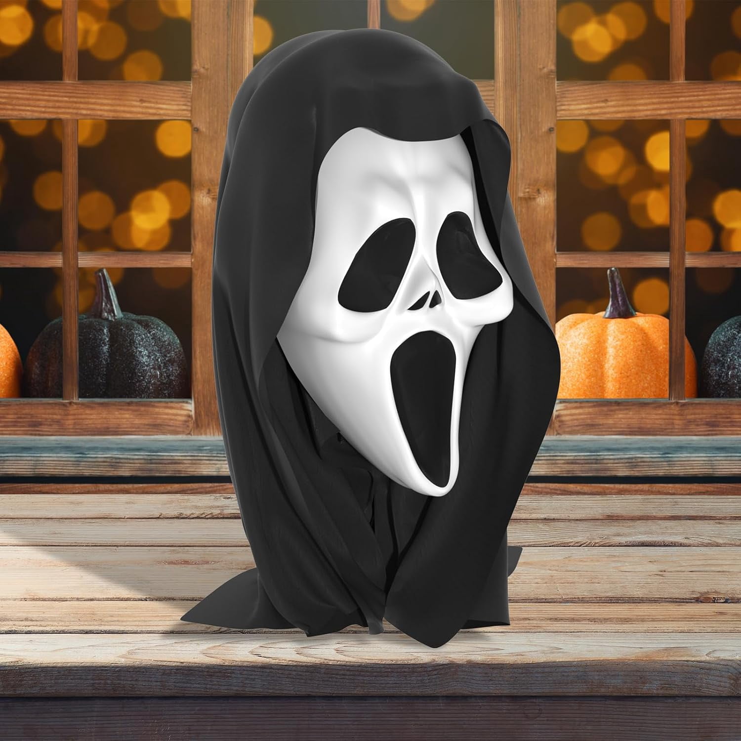 Guvpev Ghost Face Mask, Halloween Costume Mask with Black Stretch Hood, Full Head Horror Cosplay Costume Dress-Up Prop for Halloween Party Decoration