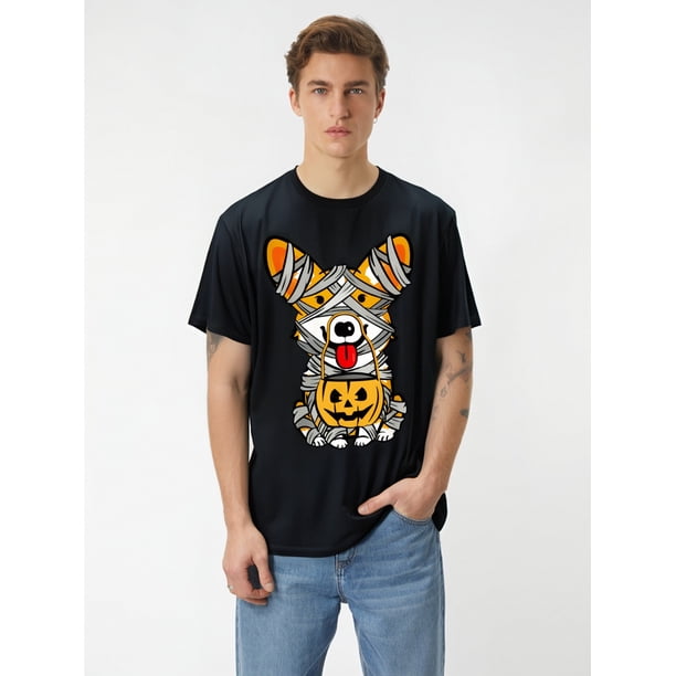 Men's Halloween Corgi Mummy Graphic T-Shirt - Soft Cotton, Black with Orange & White Design, Short Sleeve, Round Neck, Machine Washable, Casual Fit for Dog Lovers