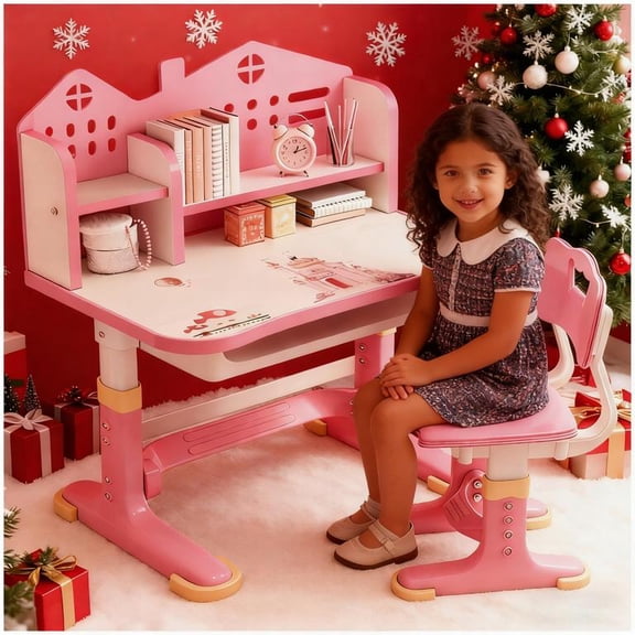 YNCE Kids Desk and Chair Set, Height Adjustable Kids Desk with Cartoon Pattern, Widened Desktop, Book Stand and Storage Drawer for Boys & Girls 3 