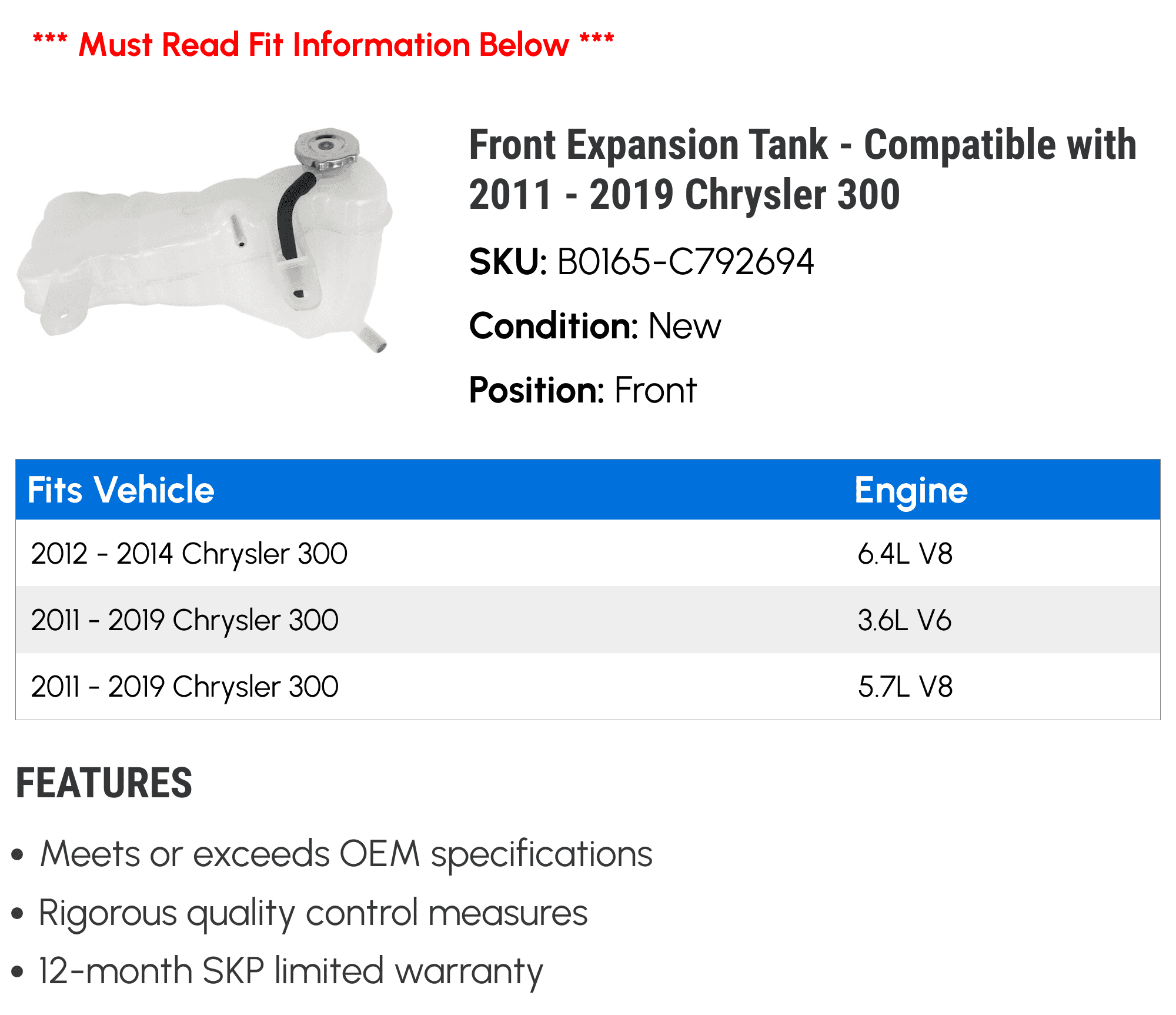 Front Expansion Tank - Compatible with 2011 - 2019 Chrysler 300 2012 2013 2014 2015 2016 2017 2018