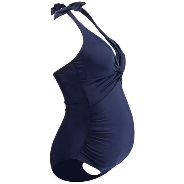 Maternity Swimwear One Piece Halter Pregnancy Swimsuit Solid Bathing Suit with Drawstring Adjustable Navy(2XL