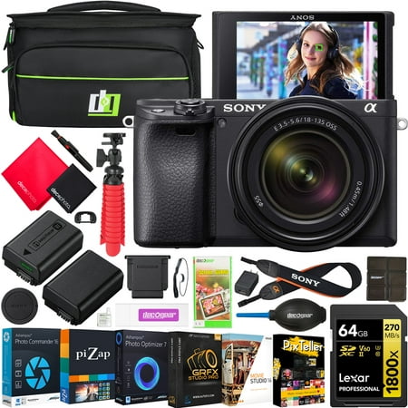 Sony a6400 Mirrorless 4K Camera Body with 18-135mm F3.5-5.6 OSS Lens ILCE-6400MB Double Battery Content Creator Bundle with Deco Gear Case + 64GB Card + Photo Video Software and Accessories Kit