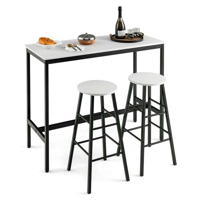Costway 3-Piece Bar Table Set Pub Kitchen Dining Table w/ 2 Round Stools Black & White