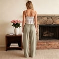 thumbnail image 5 of Petite Linen Pants for Women Striped Casual Comfy Elastic Waist Linen Drawstring Pants Y2k Baggy Flowy Lightweight Work Trousers Khaki 2XL, 5 of 6