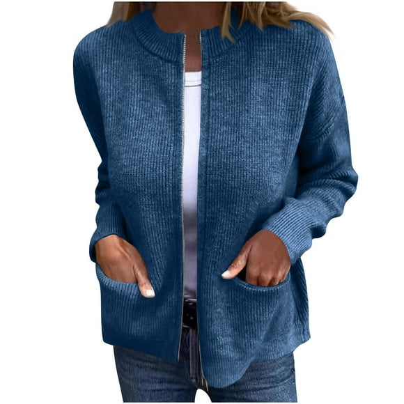 WRKEKC Women's Striped Knit Cardigan Long Sleeve Button Front Zipper Pocket Casual Jacket