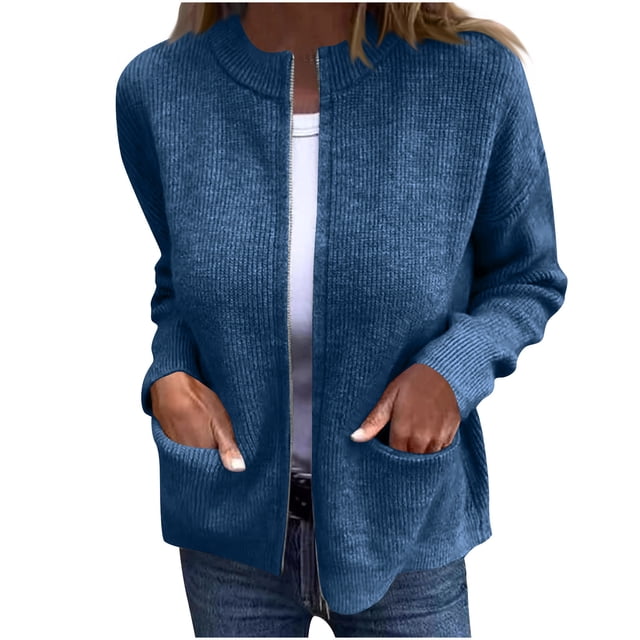 Mgmyaa Veste en Tricot pour Femmes Manches Longues Rayée avec Poches Cardigan à Fermeture Éclair