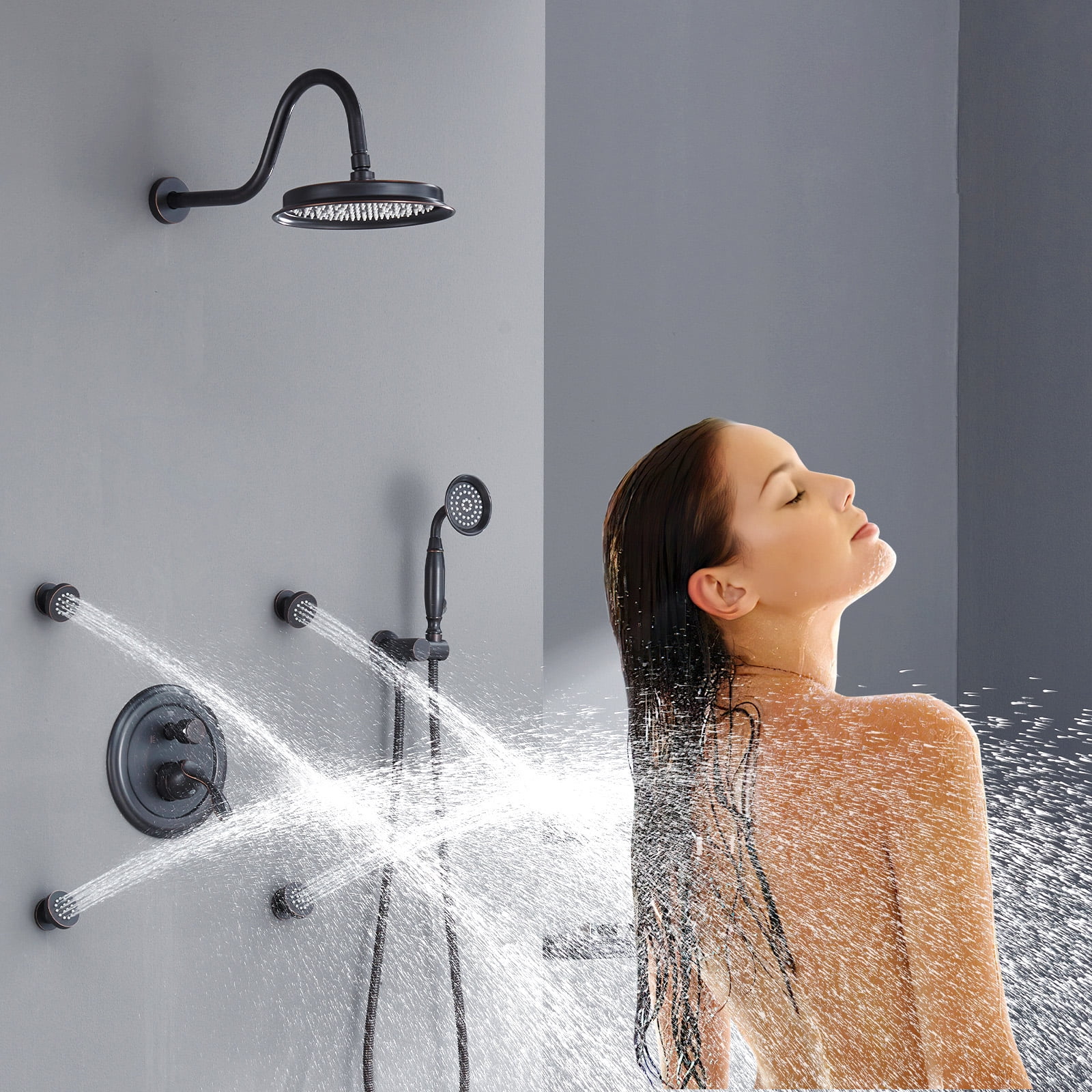 Antique Shower Faucet-Sets Fixtures: 9 inch Wall Rain Head with Handheld Spray and Body Jets, 3 Way Diverter Rough in Valve System included Trim Kit, Oil Rubbed Bronze