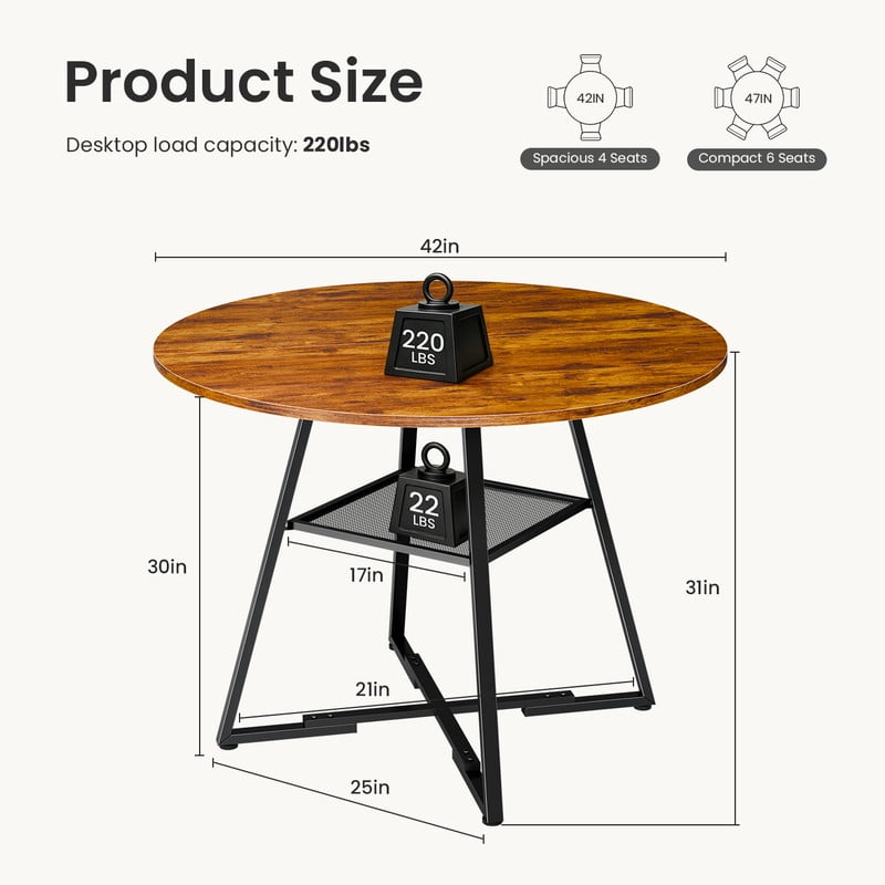 Gianna 42" Round Dining Table for 4-6, Space Saving Kitchen Table with Dual-Tier Storage, Pedestal Metal Frame, Industrial Farmhouse Circle Dinner Table for Apartment, Brown