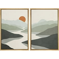IDEA4WALL Framed Canvas Print Wall Art Green Pastel Watercolor Mountain Valley and Sun Abstract Shapes Modern Landscape Nature for Living Room, Bedroom, Office - 24"x36"x2 Natural