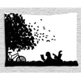 thumbnail image 1 of Black and White Tapestry, Silhouette of a Girl with Bike Reading a Book under a Tree in Fall, Wall Hanging for Bedroom Living Room Dorm Decor, 60W X 40L Inches, Black and White, by Ambesonne, 1 of 2