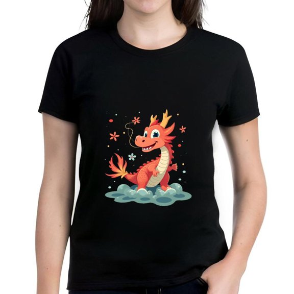 Whimsical Cartoon Dragon T-Shirt Colorful Stars & Flowers - Cotton Short Sleeve Tee