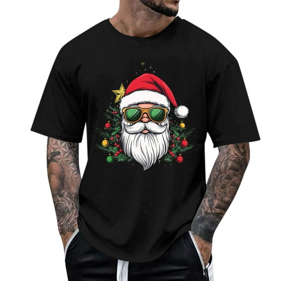 Christmas Shirt for Men Short Sleeve Crewneck Santa Print Pullover Top Black S