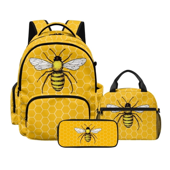 Xoenoiee Bee Honeycomb Print School Backpack for Kids Teens Lightweight Schoolbag Bookbag with Lunchbox and Pencil Case, 3 Piece School Backpack Set Back to School Gifts to Boys and Girls